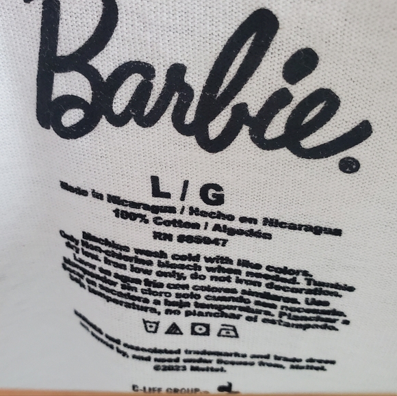 NEW * BARBIE T-Shirt White Large Logo Tropical Graphic Palm Trees Beach Summer L - Picture 3 of 4
